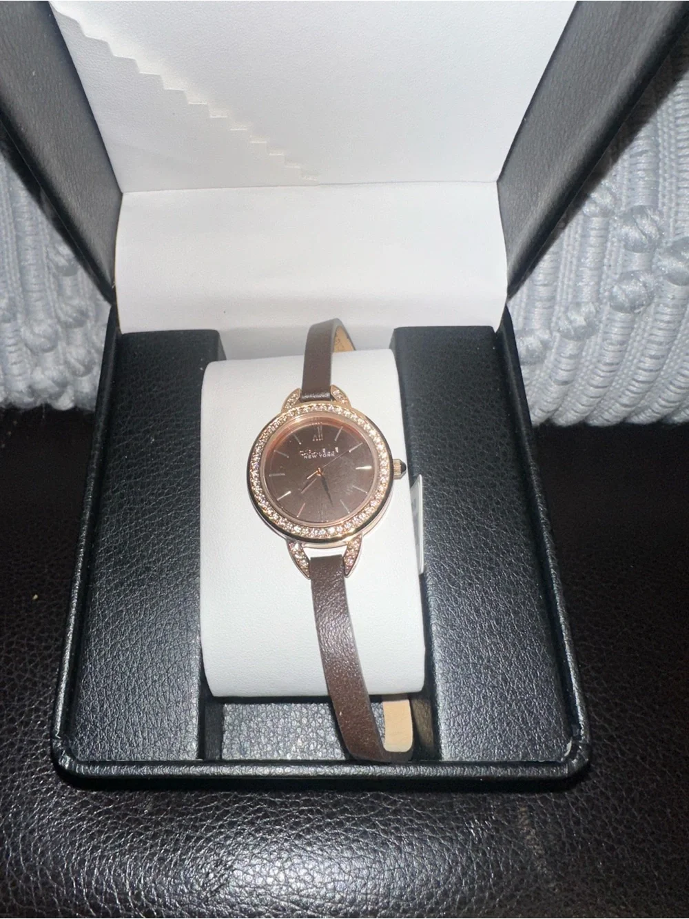 Caravelle New York Women's Brown Leather Double-Wrap Watch with Crystal Accents